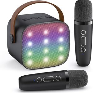 Mini Karaoke Machine with 2 Wireless Microphones for Kids Adults, Portable Bluetooth Speaker